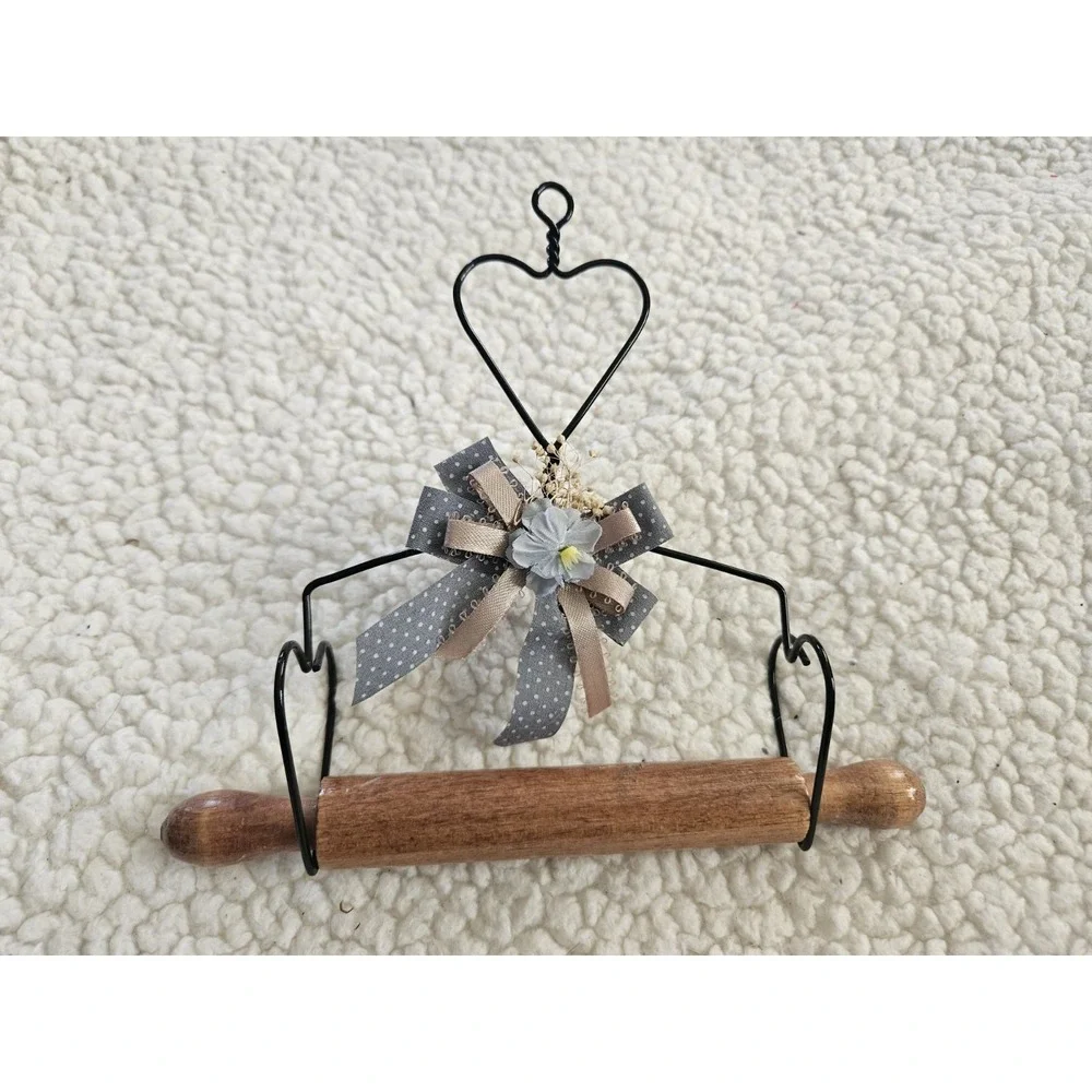 Vintage Wood Rolling Pin & Wire Hanger Holder 3 Hearts Cottage Core Granny Core