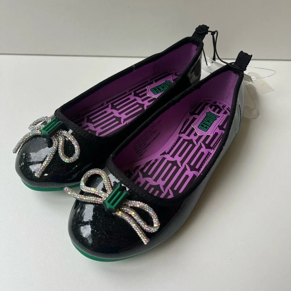NEW Wicked Black + Purple Ballet Flats Girls Size 3 with faux diamond bow +logo
