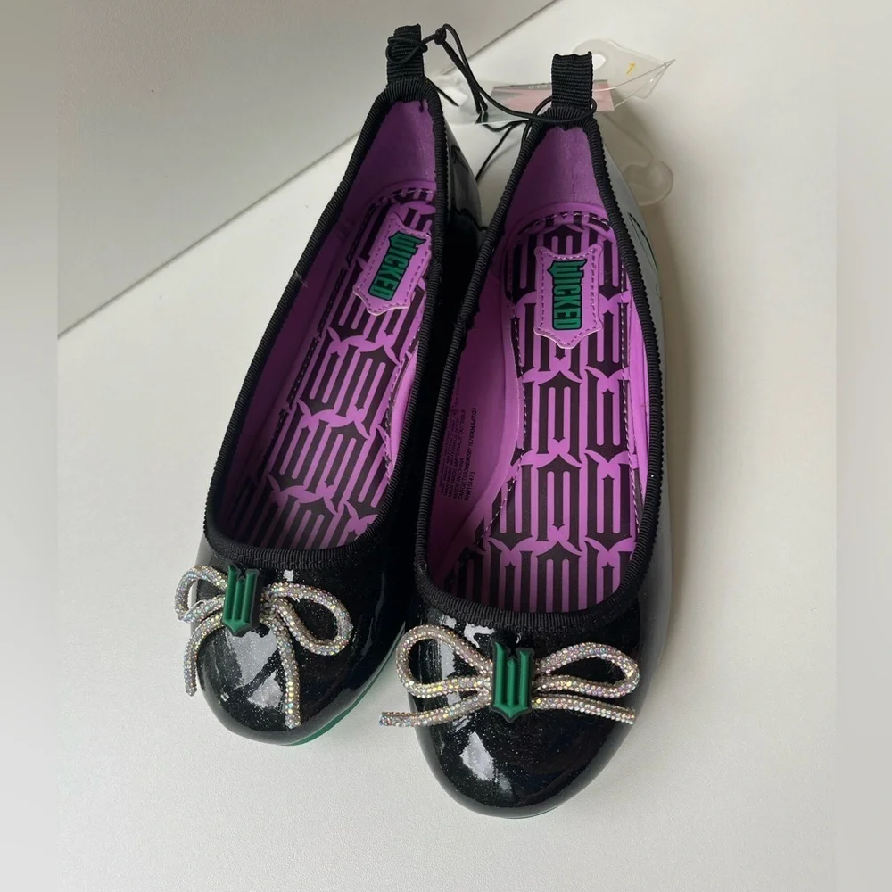 NEW Wicked Black + Purple Ballet Flats Girls Size 3 with faux diamond bow +logo