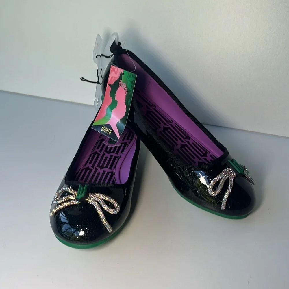 NEW Wicked Black + Purple Ballet Flats Girls Size 3 with faux diamond bow +logo