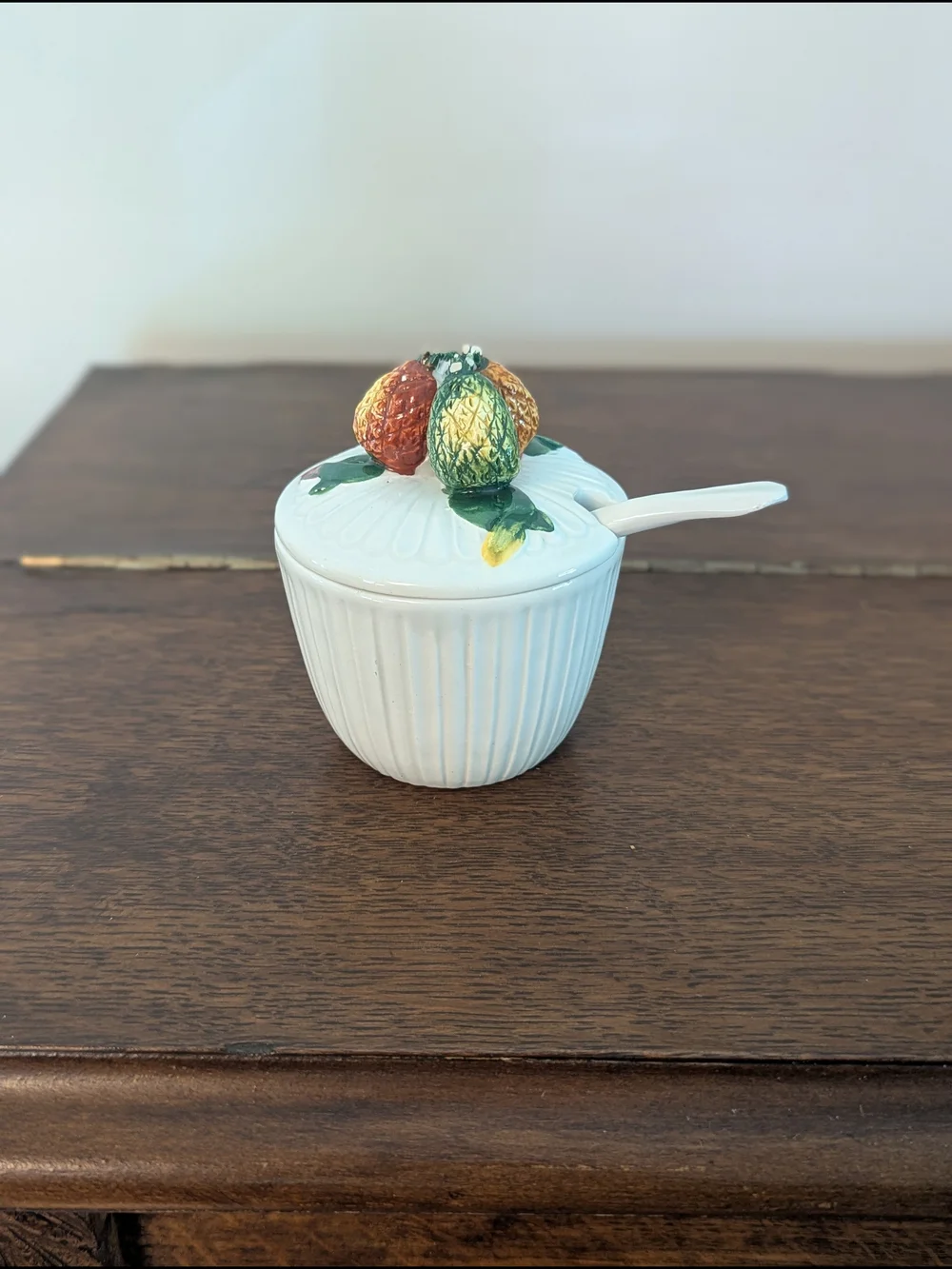 Italian Ceramic Ribbed Condiment Jar with Spoon