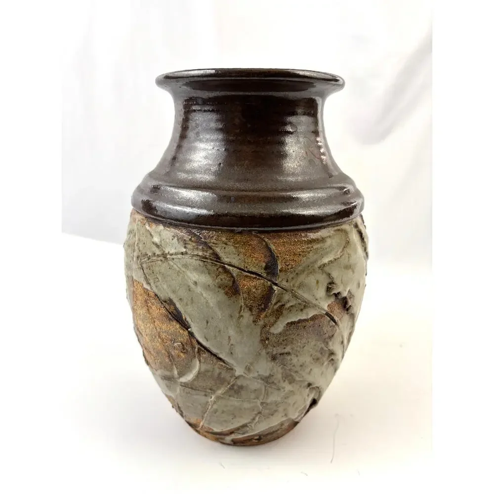 Vintage Studio Art Pottery Vase‎ Impressed Leaf Design Rustic Stoneware Glaze