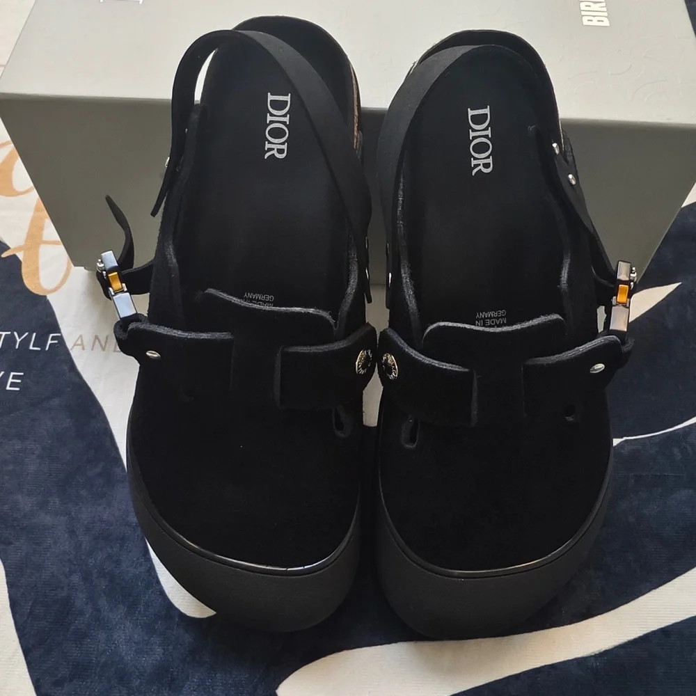 Dior Black Suede Platform Slingback Clogs with Metal Accents