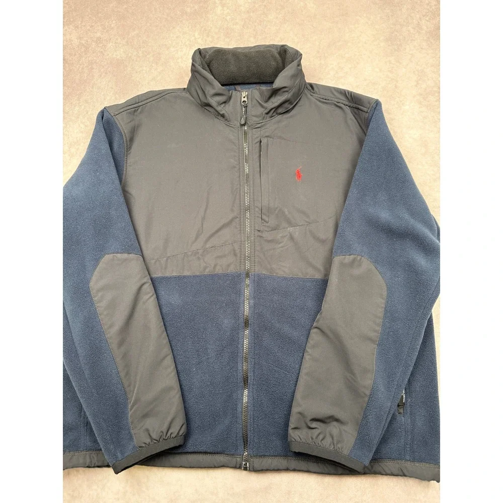 VTG Y2K Polo Ralph Lauren Polartec Fleece Jacket Men XXL Navy Gray Full Zip Hood