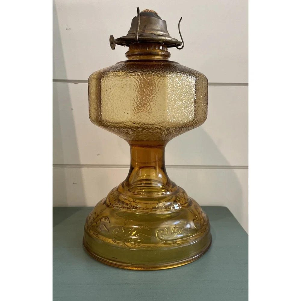 Vintage Risdon Eagle Amber Glass Kerosene Oil Hurricane Lamp with Shade