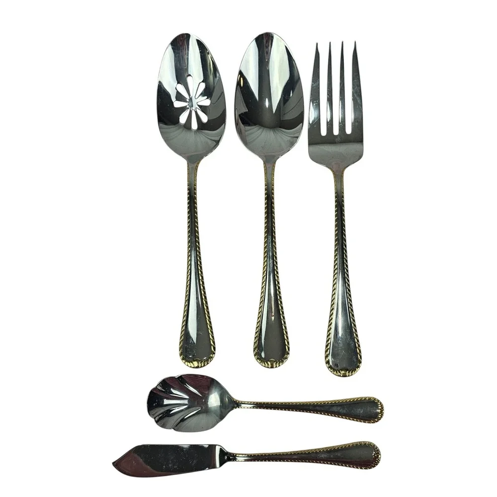 Mikasa Cameo 18/10 Stainless Serving Utensils Gold Trim Spoons Fork Butter Knife