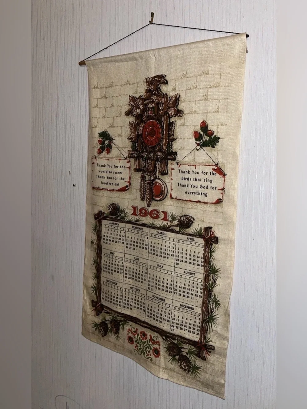 1961 Tapestry Calendar wall clock towel Cuckoo Bird 1960s Linen