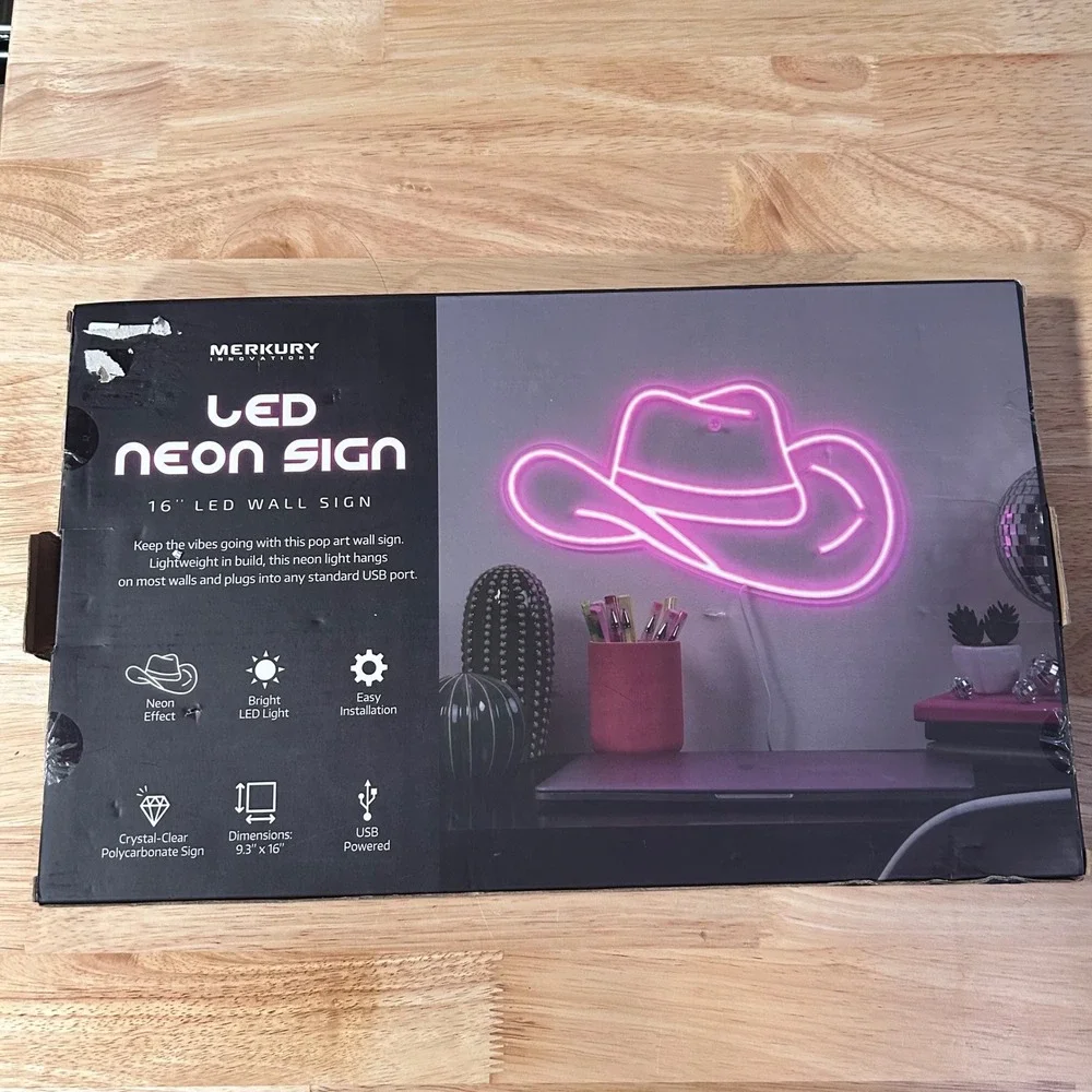 Merkury Innovations LED Neon Sign Cowboy Hat Pink 16 Inch USB Powered Wall Decor