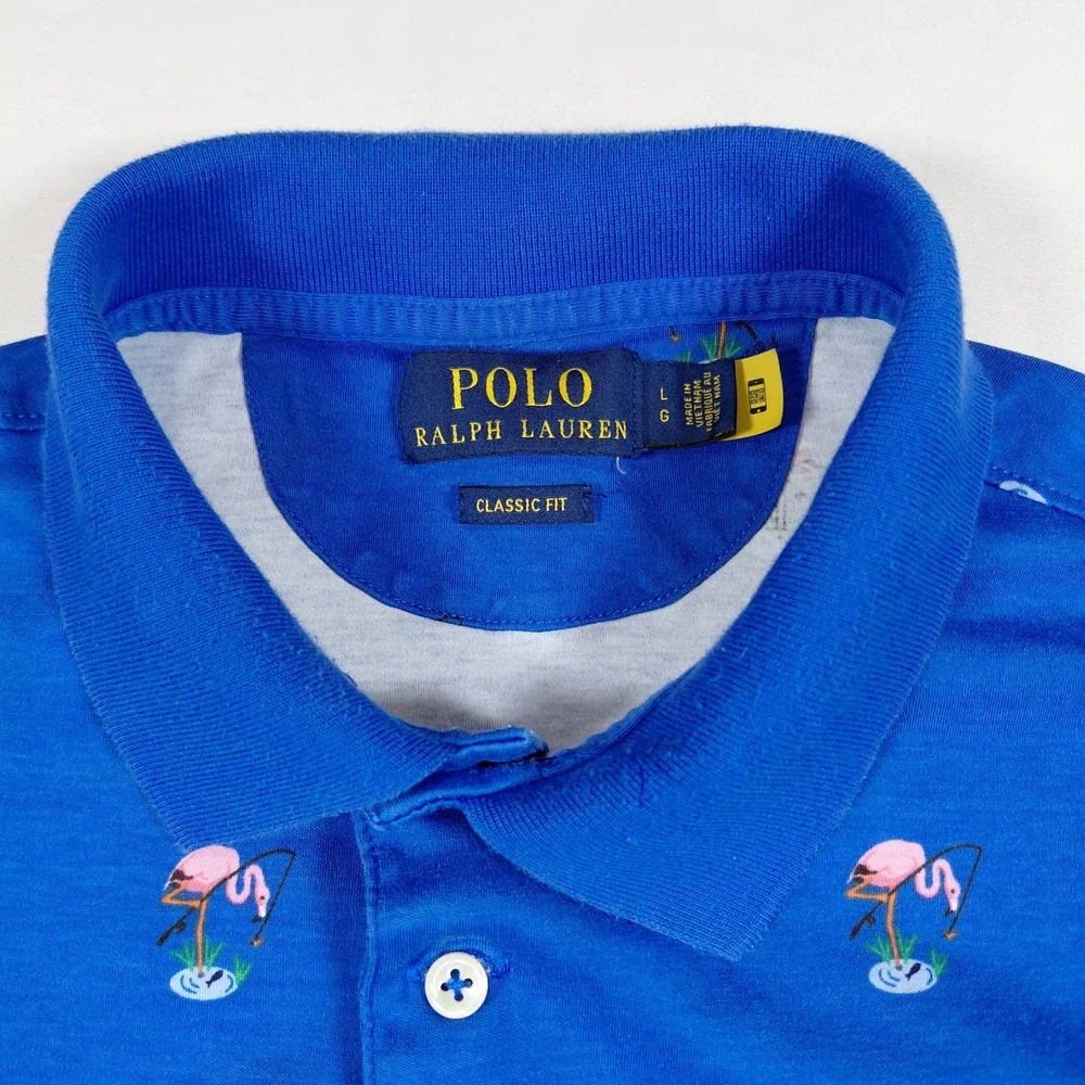 Polo Ralph Lauren Men Classic Fit Blue Flamingo Print Short Sleeve Polo Shirt‎ L