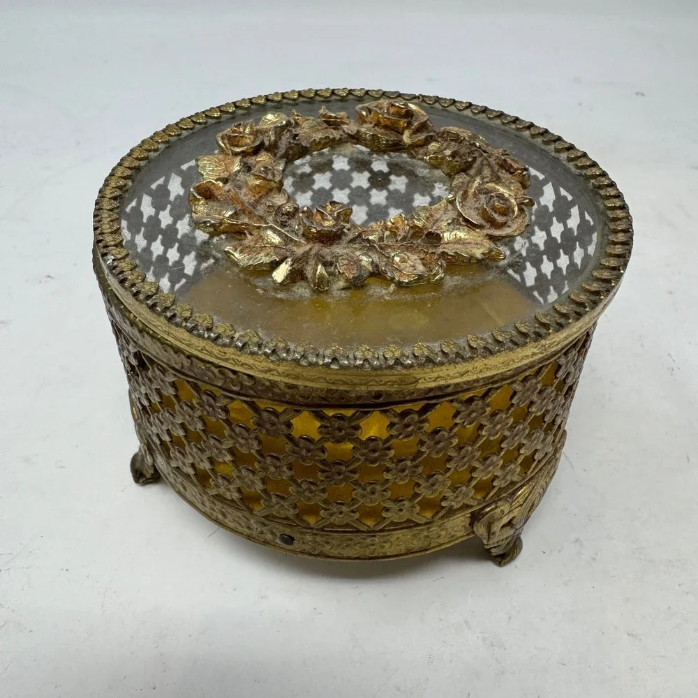 Vtg‎ Ormolu Gold Filigree Rose Jewelry Box Hollywood Regency Footed Trinket Case