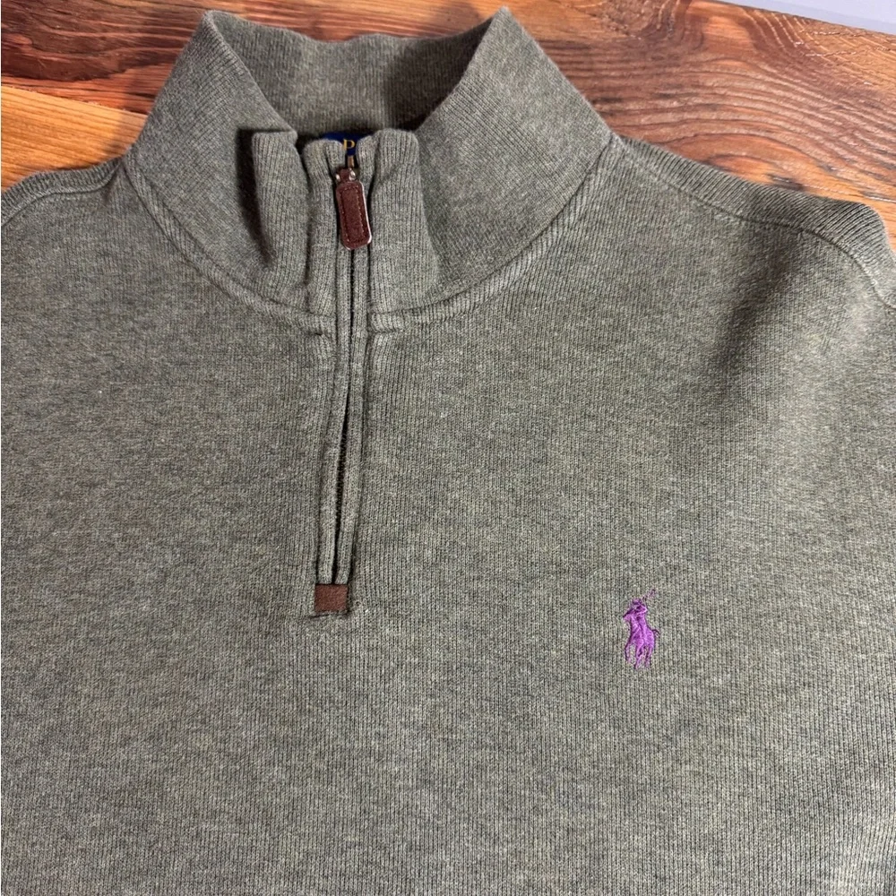 Polo Ralph Lauren Men’s‎ Olive Green 100% Cotton 1/4 Zip Sweater Purple Pony XL