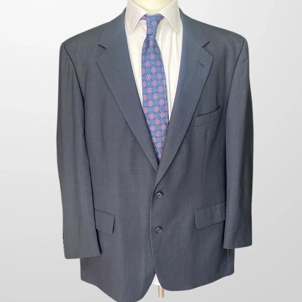 Vtg Brooks Brothers 48L Union Made in USA Wool Glen Plaid Navy Black Blazer Wool