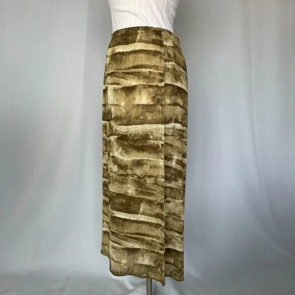 Boho Midi Skirt Size Small Green Brown Abstract Crinkle Pleated Fairy Whimsigoth