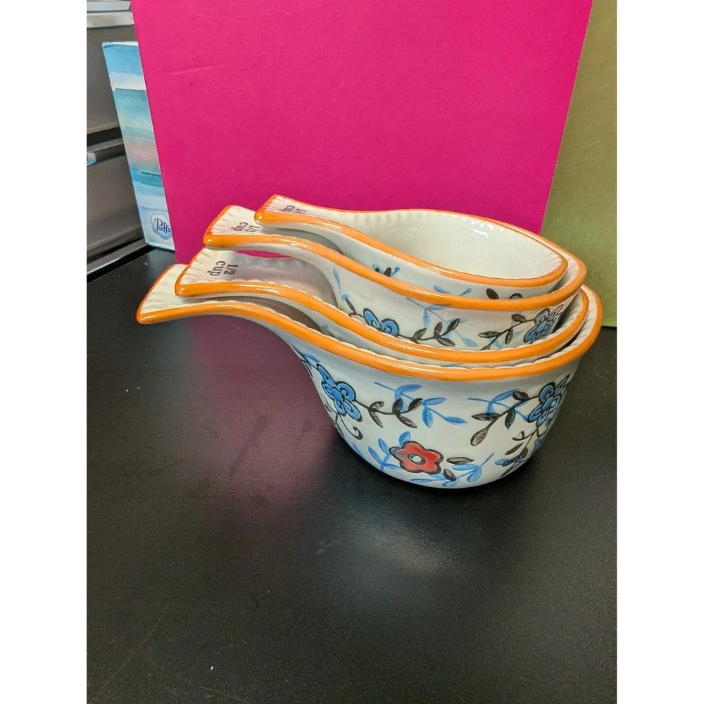 Dutch Wax Measuring Cups Ceramic Floral Handpainted Set of 4 Orange Blue