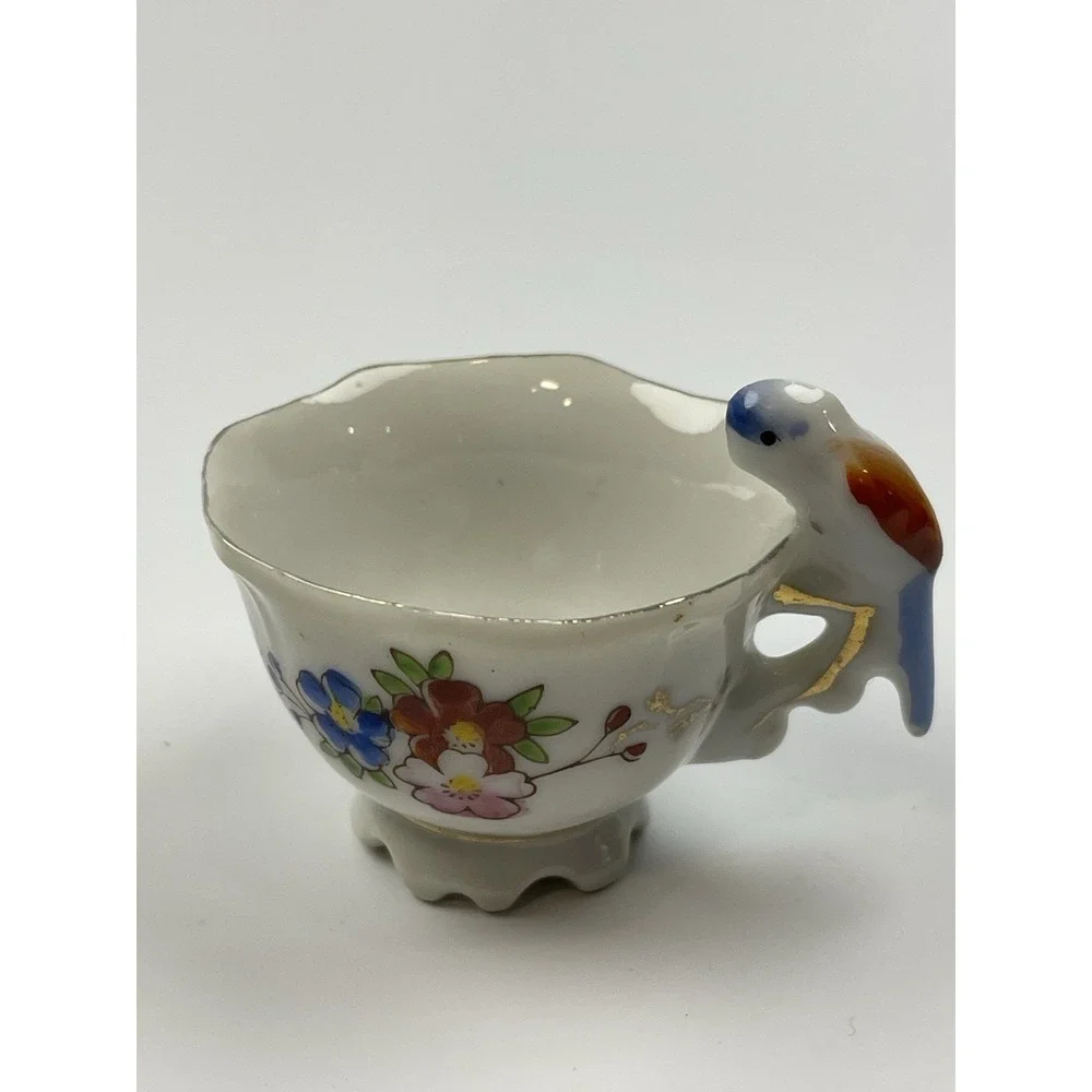 MINIATURE Teacup Colorful‎ Bird Parrot Roses Handpainted in Japan 2