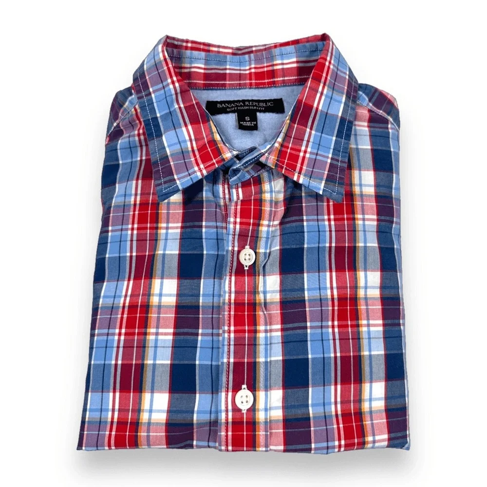 Banana Republic Shirt Mens Small S Blue Plaid Slim Fit Long Sleeve Button‎ Down