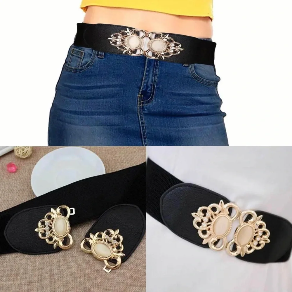 Golden‎ Double Buckle Black Waspie Belt Stretchy Elastic Accentuating Waist Band