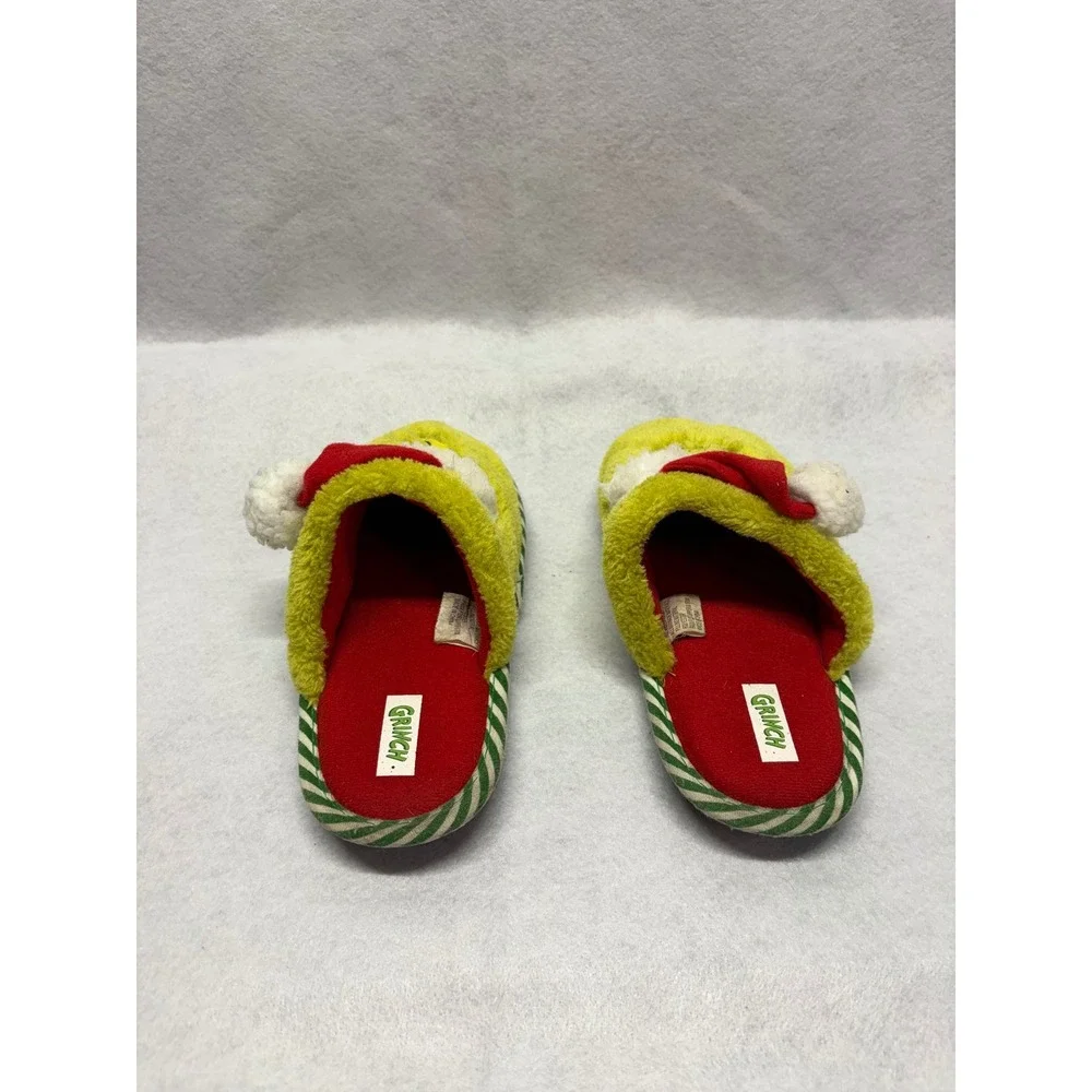 Dr Seuss The Grinch Christmas Plush Slippers Green Red Santa Hat Kids Size 13-1