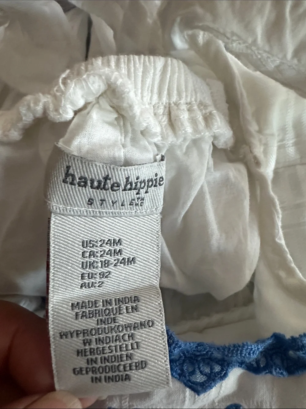 Haute Hippie White Dress with Blue Embroidered Trim Size 24 Months