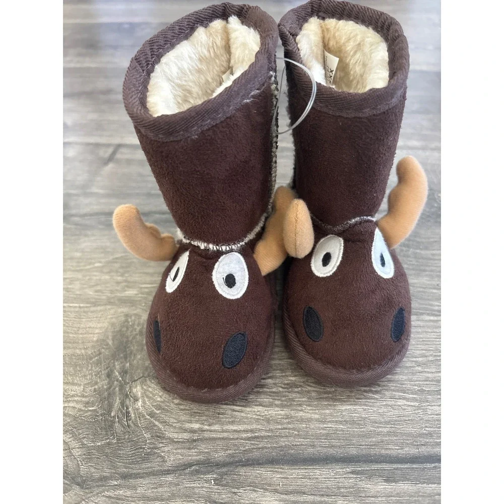 Lazy One Kids Moose Critter Slippers Brown Faux Fur Booties XXS 4-5 NEW