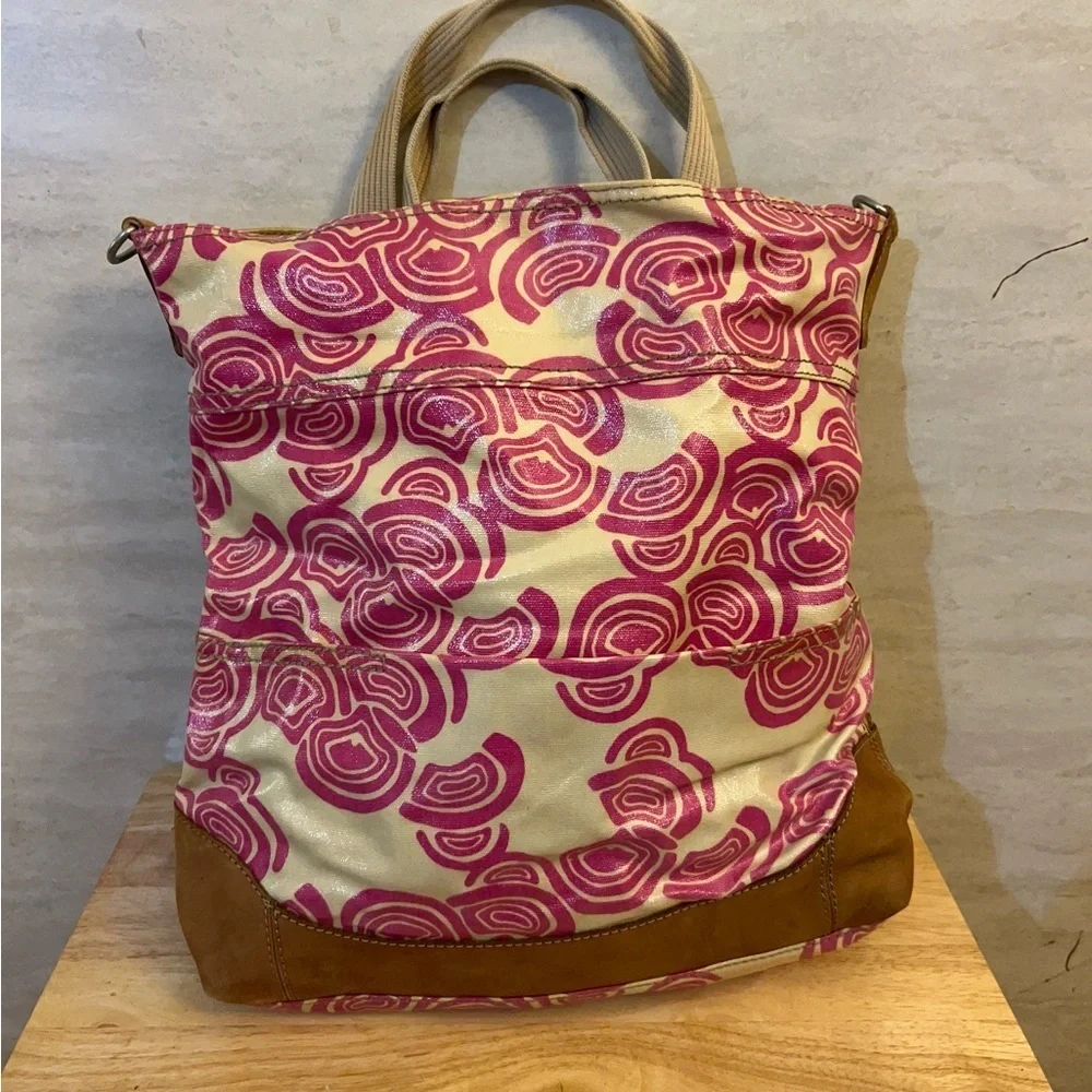 FOSSIL Key Per Coated Canvas Leather Trim Multi Pattern Hobo  Purse