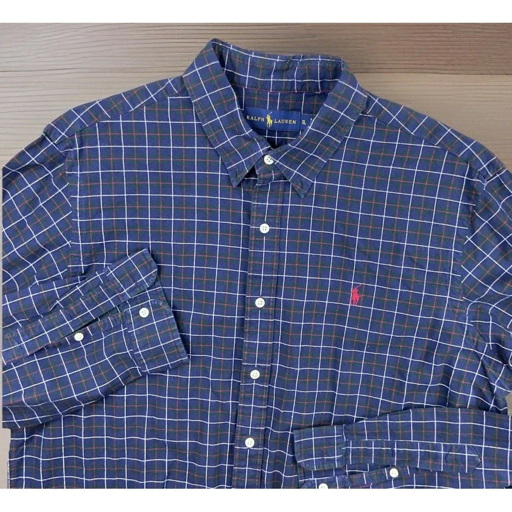 Polo‎ Ralph Lauren Shirt Men Sz XL Long Sleeve Plaid Checks Cotton Blue Pony