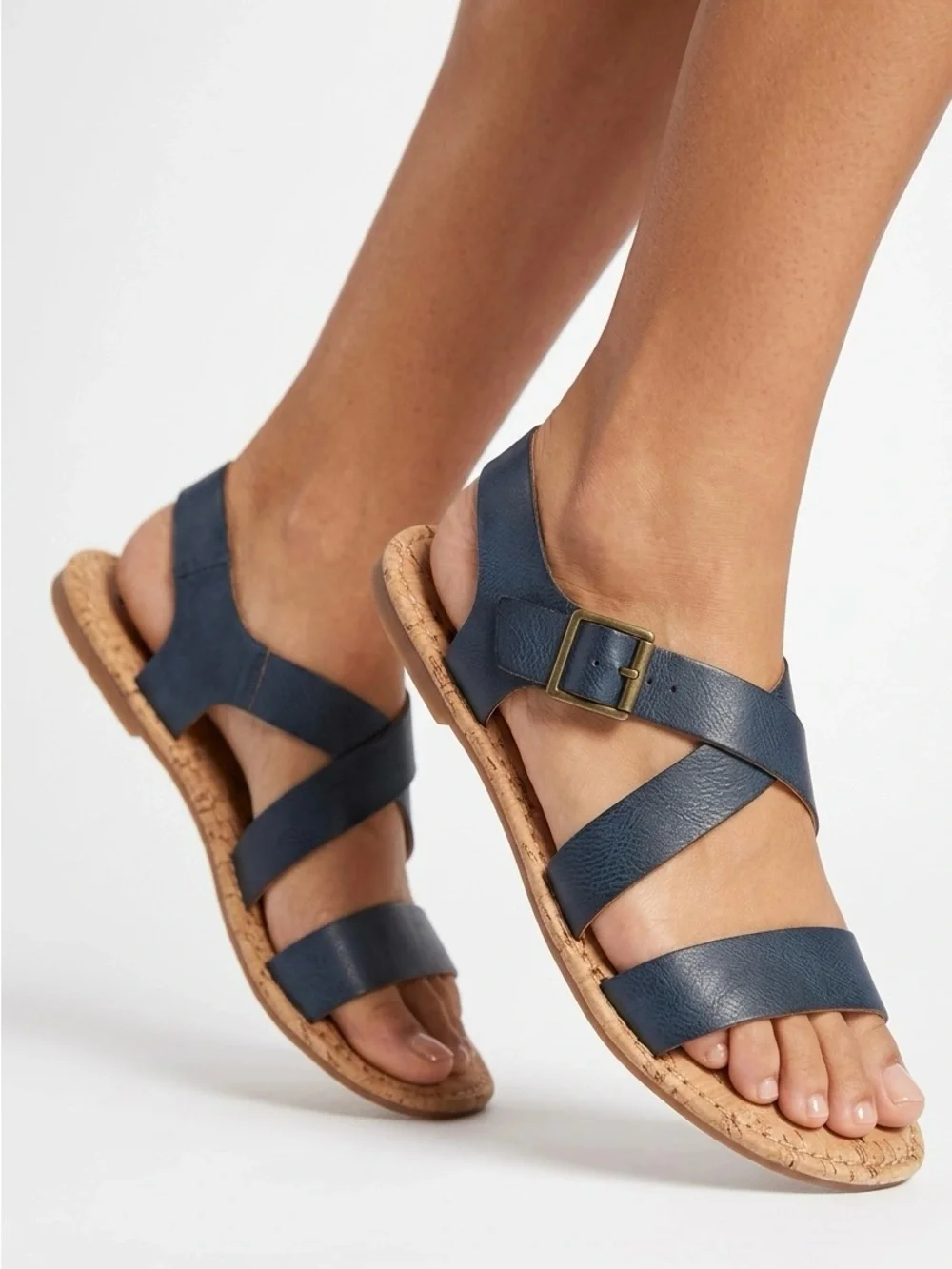 KORKS Jerrik Navy Blue Strappy Cork Flat Sandals Size 7.5 Eco Leather Comfort