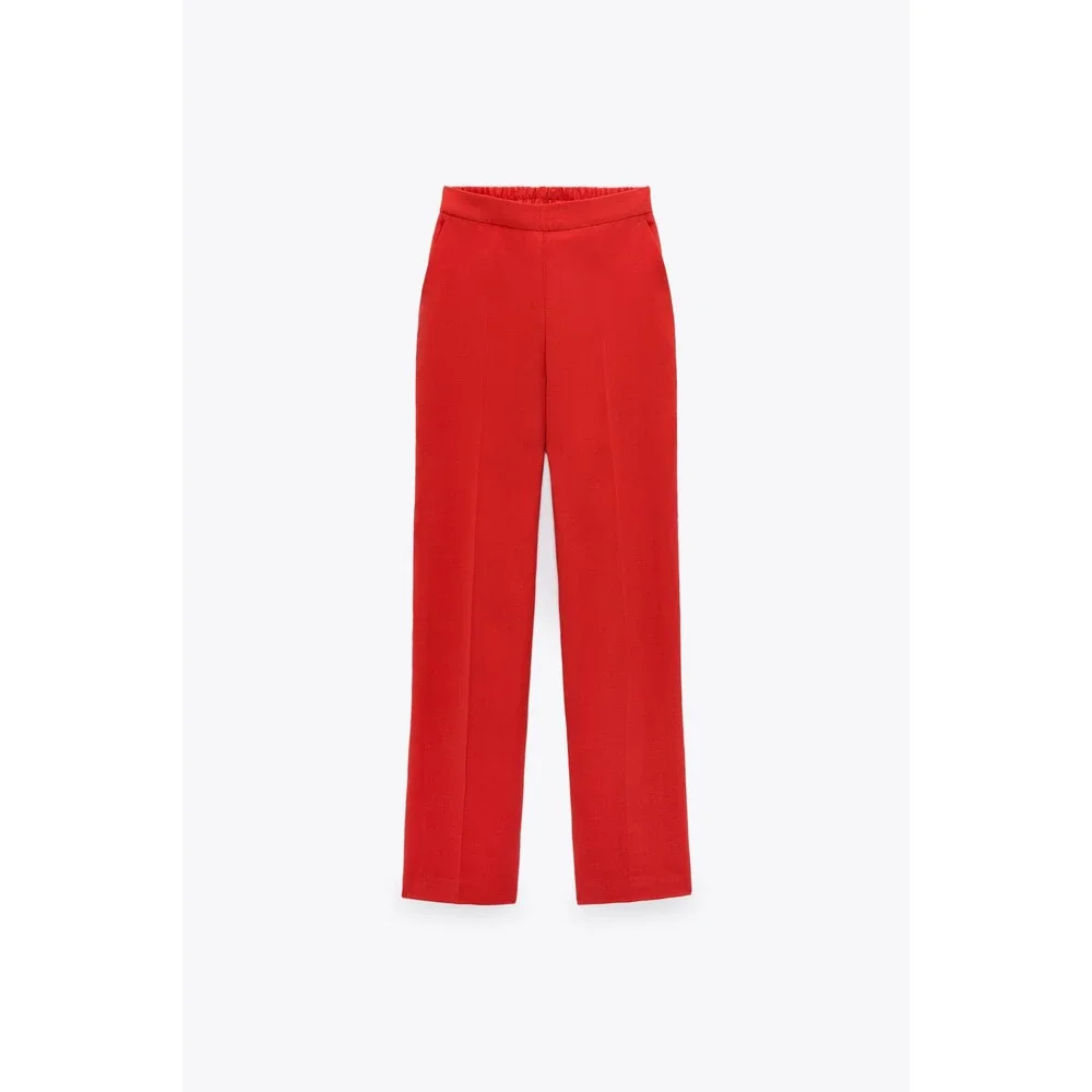 Red Zara Linen Blend Wide-Leg Pull-On Pants Trousers (NWT)