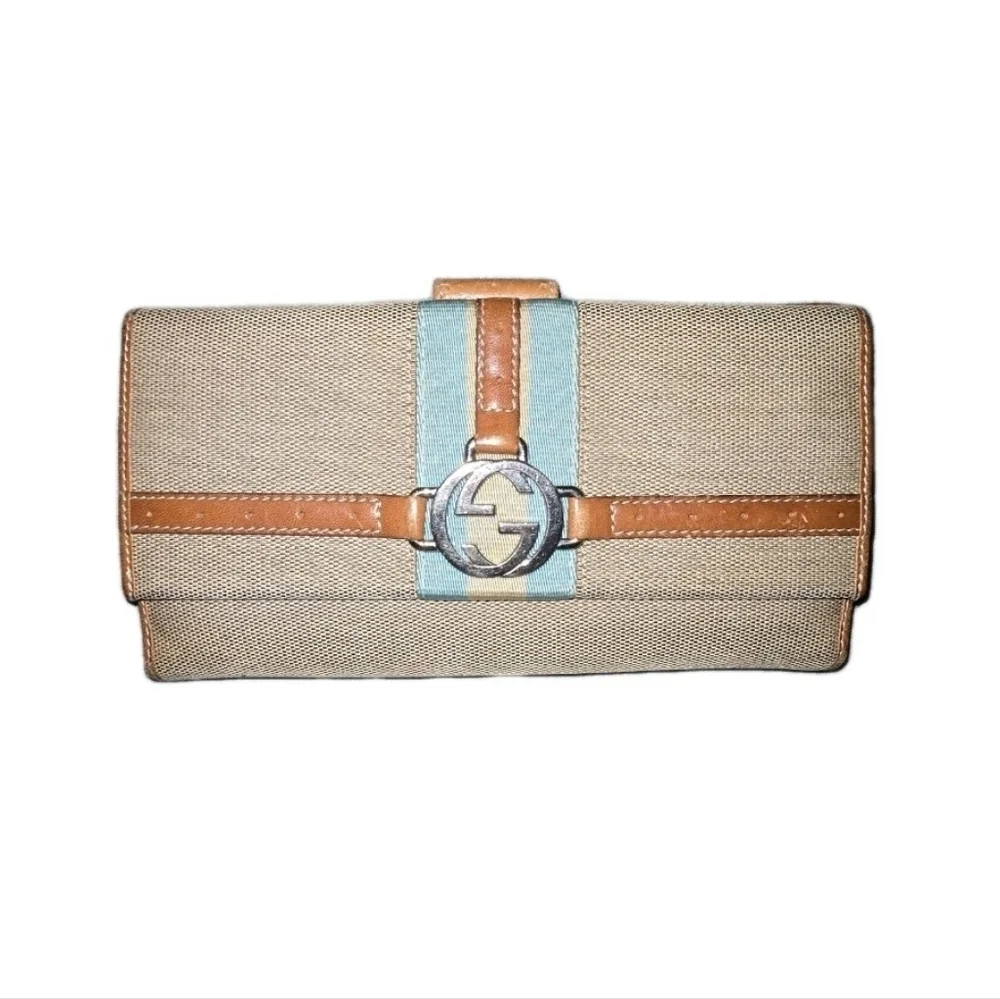 RARE Authentic Gucci Amalfi Beige and Brown Cloth Wallet with Silver Accent EUC