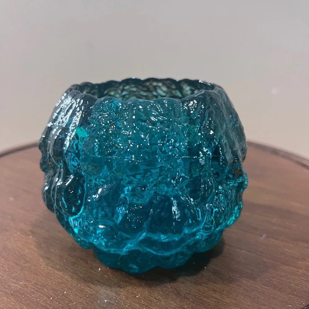 Vtg LE Smith Snowball Votive Teal Blue Textured Glass MCM Candle Holder 3