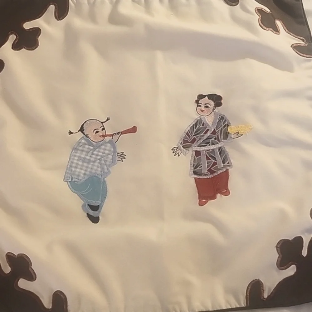 Set of Asian Embroidered Square Pillow Covers with Brown Accents