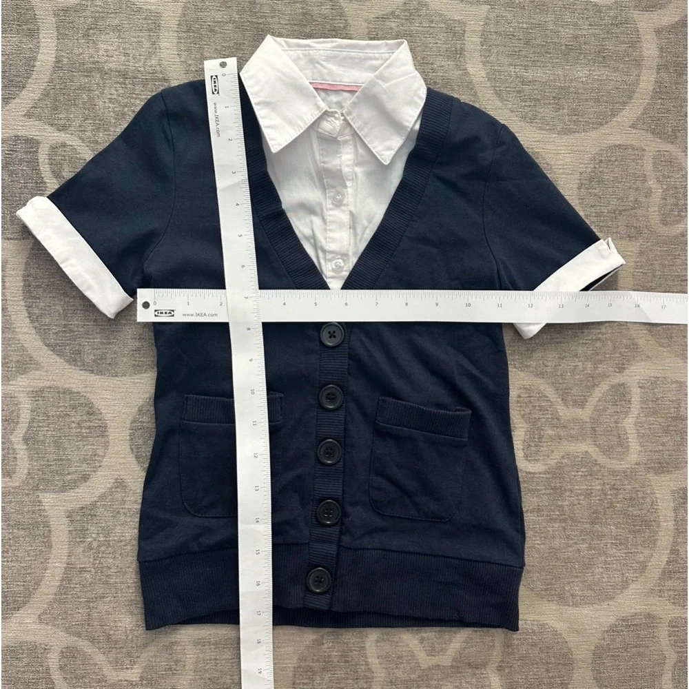 Basic Editions navy & white faux blouse under a sweater📓🚌