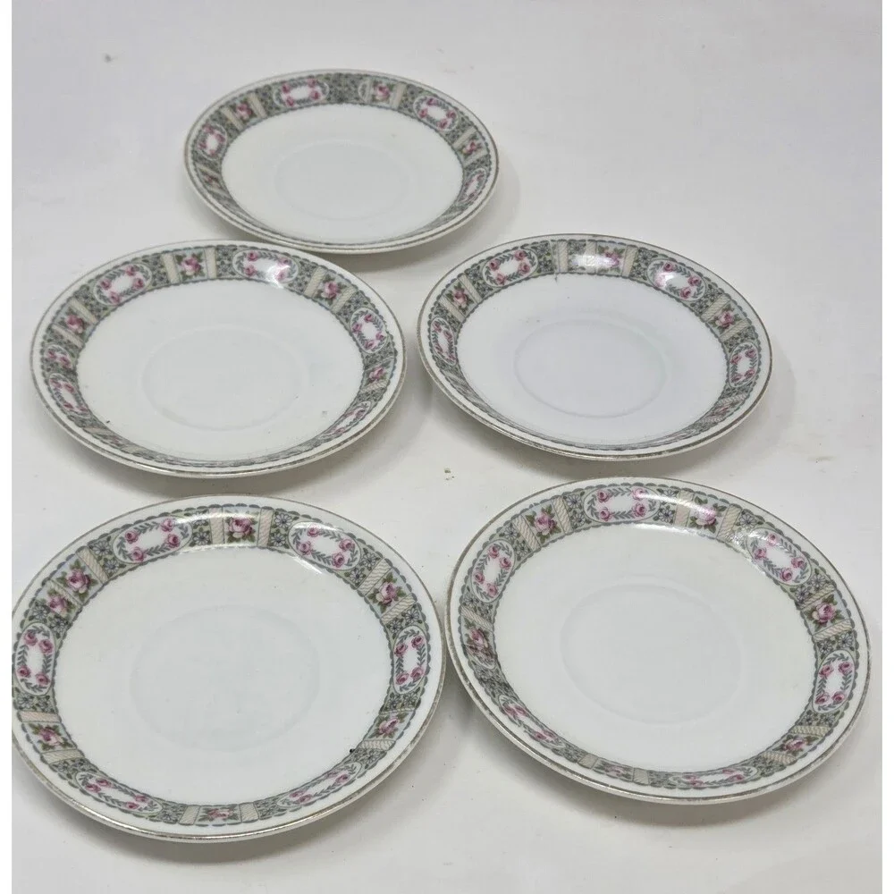 KPM Krister Germany Porcelain Saucer Set 5 Pink Rose Garland Gold Trim Antique