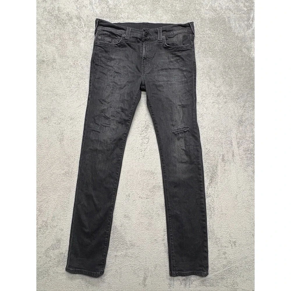 True Religion Rocco Relaxed Skinny Jeans Mens Black Measured 37x33 Distressed‎