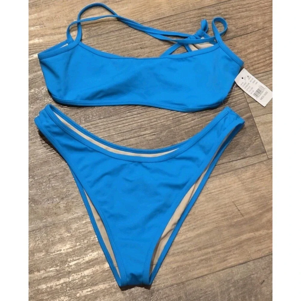 PacSun LA Hearts Bright Blue Bikini Set Bralette Top Size M, Cheeky Bottom L
