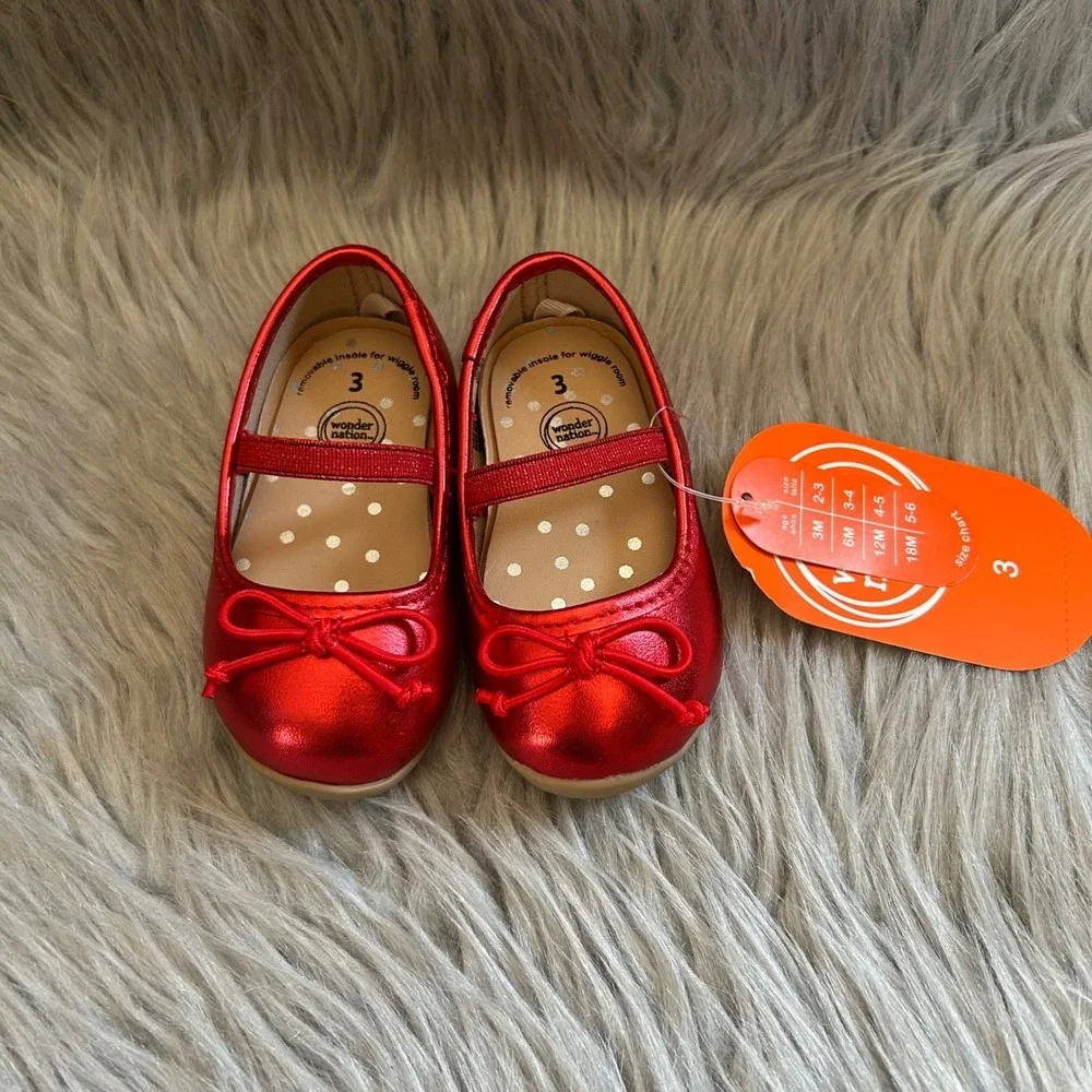 Wonder‎ Nation Bow Ballet Shoes Baby Girls Size 3 Red Mary Jane Slip On