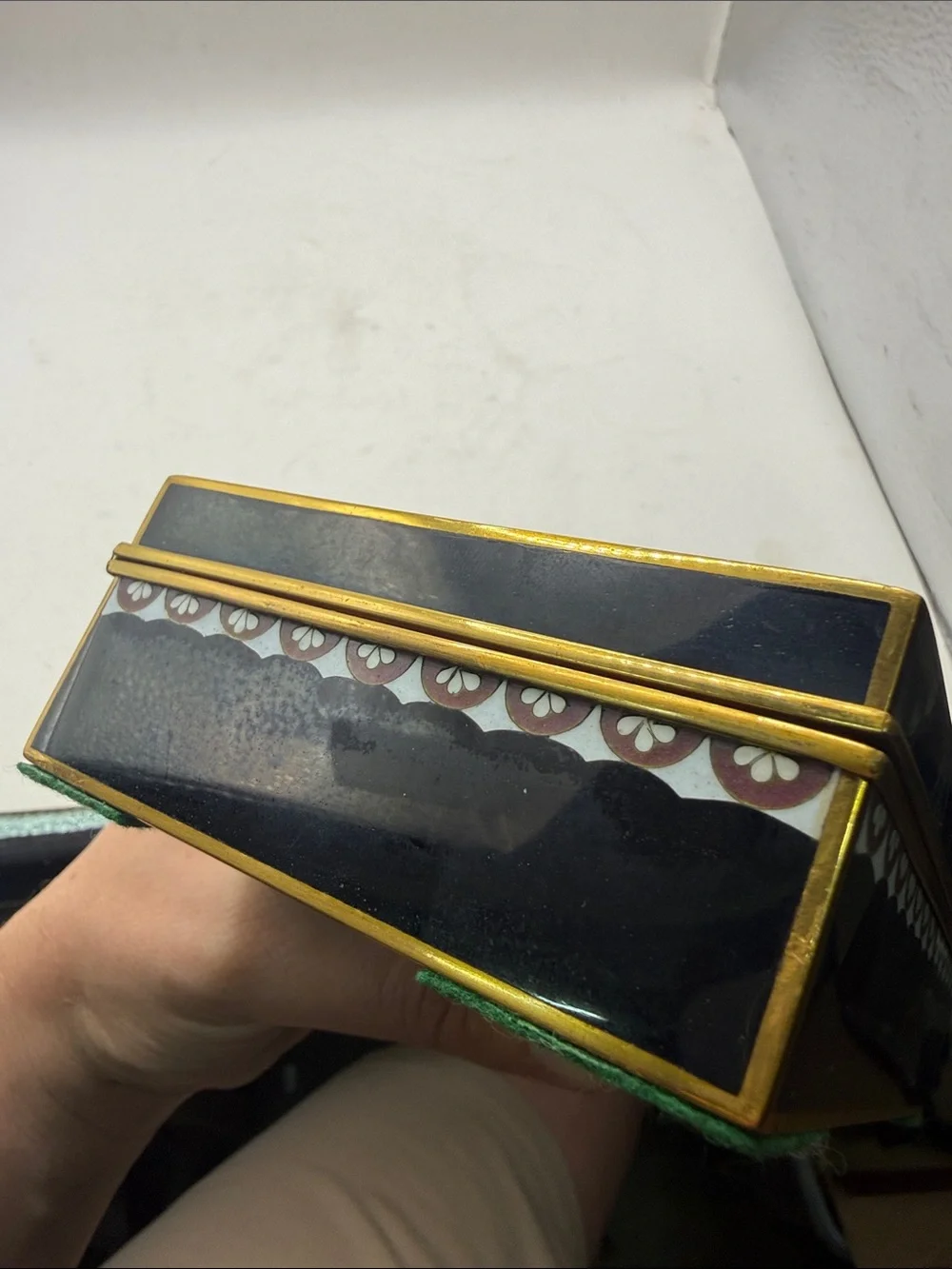 Vtg Japanese Black Lacquer Jewelry  Trinket Box Cherry Blossom Birds Gold Tone