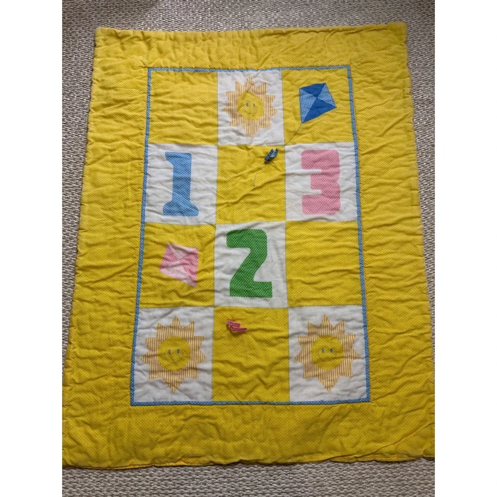 Vintage Handmade Baby Quilt Yellow Polka Dot Sun 123 Nursery Blanket crib