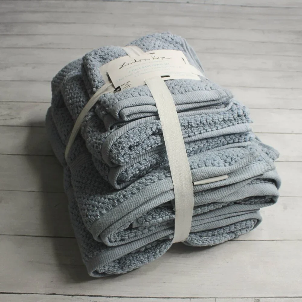 London Kaye Bath Towel Set 100% Cotton Blue Hand Towels Washcloth 6 Piece