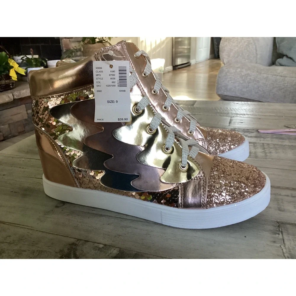 Justice Girls Rose Gold Sequin Winged High Top Sneakers Size 9 Glitter Metallic