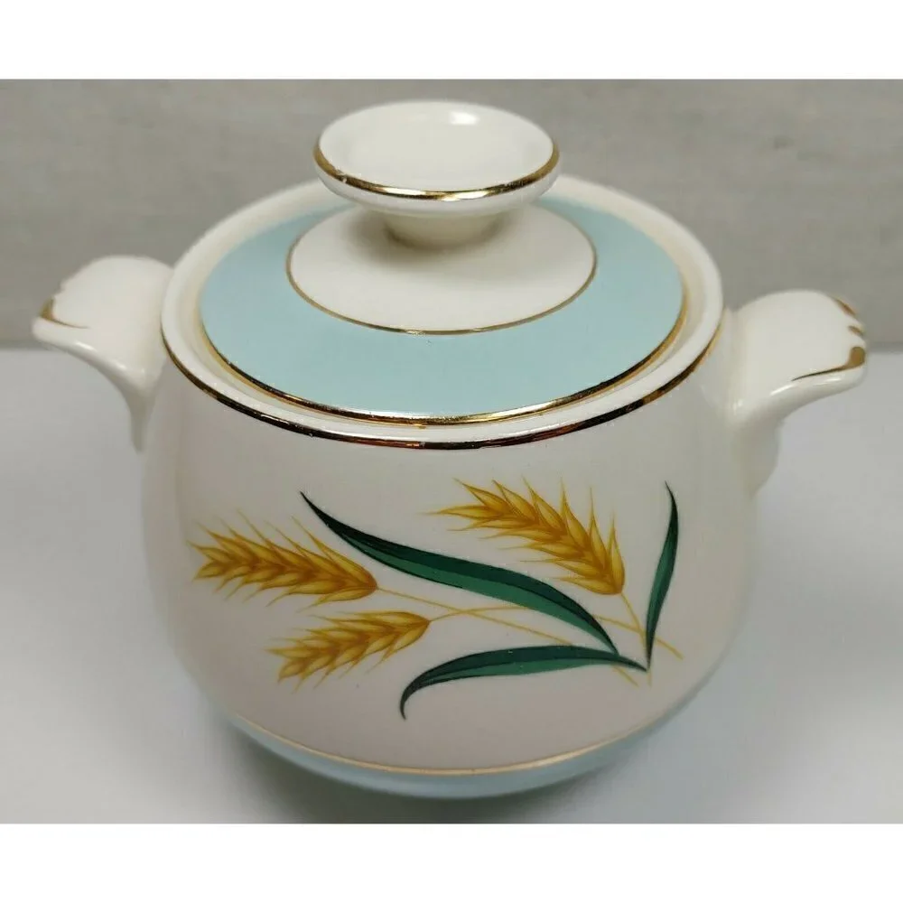 Vintage Blue Viking Wheat Gold Trim Ceramic Sugar Bowl Candle Holder With Lid
