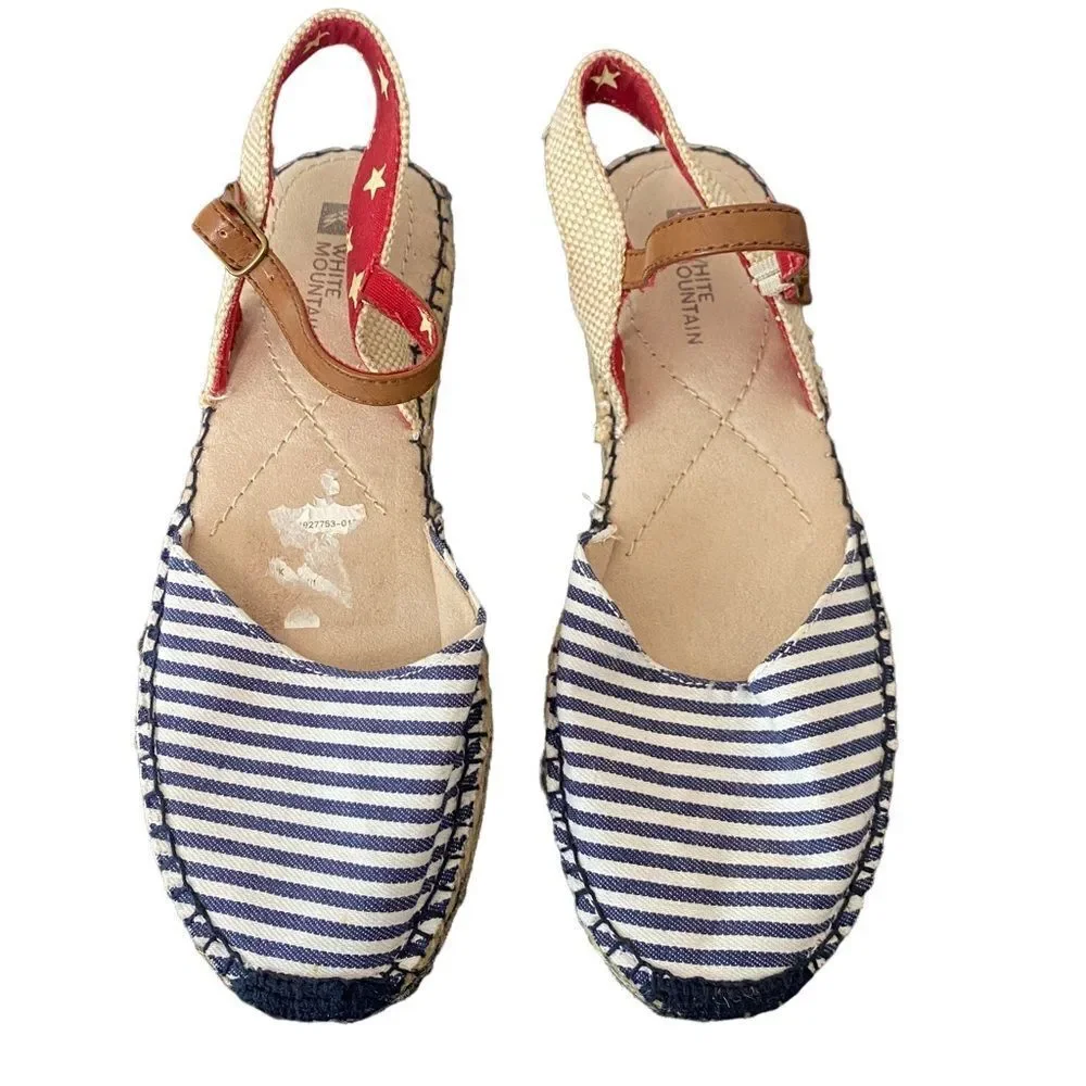 White Mountain Espadrille Striped Tan/Blue‎ Sandals Sz 6.5