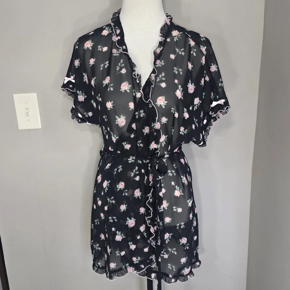 Floral Sheer Black Kimono Robe lightweight women's size large from In Bloom