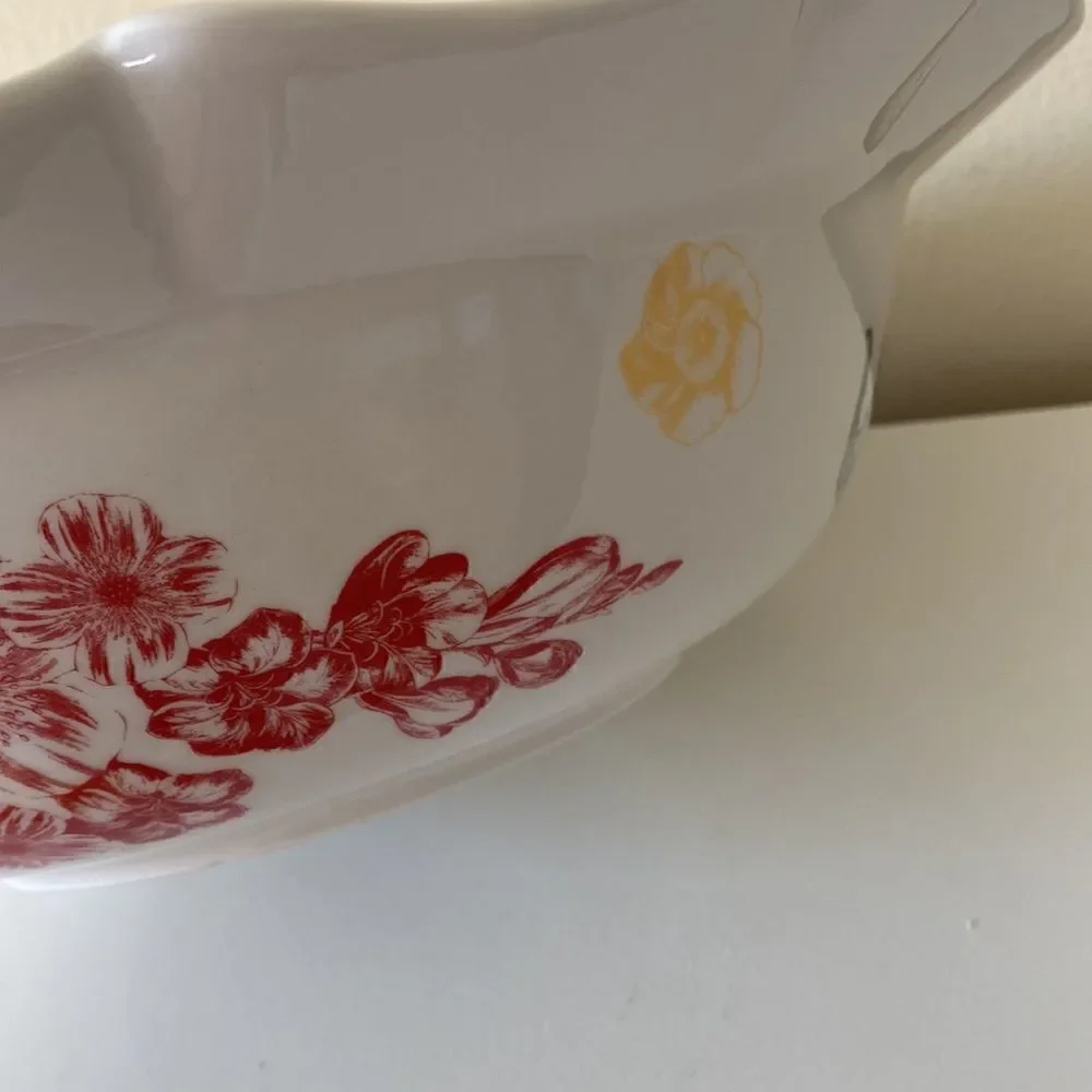 Anthropologie Large Serving Bowl White Floral Decorated Fleur 13”