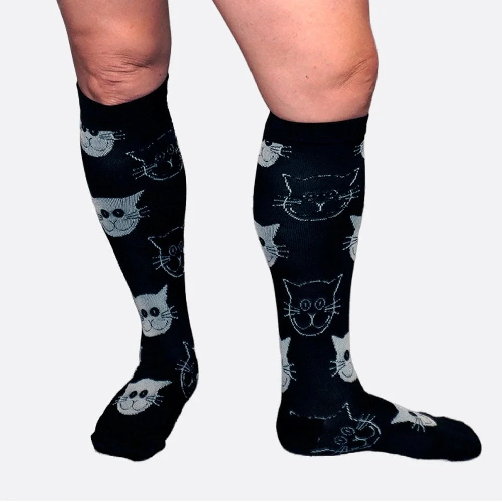Black Cat Print Compression Socks L–XL Plus Size‎ Cute Travel Support