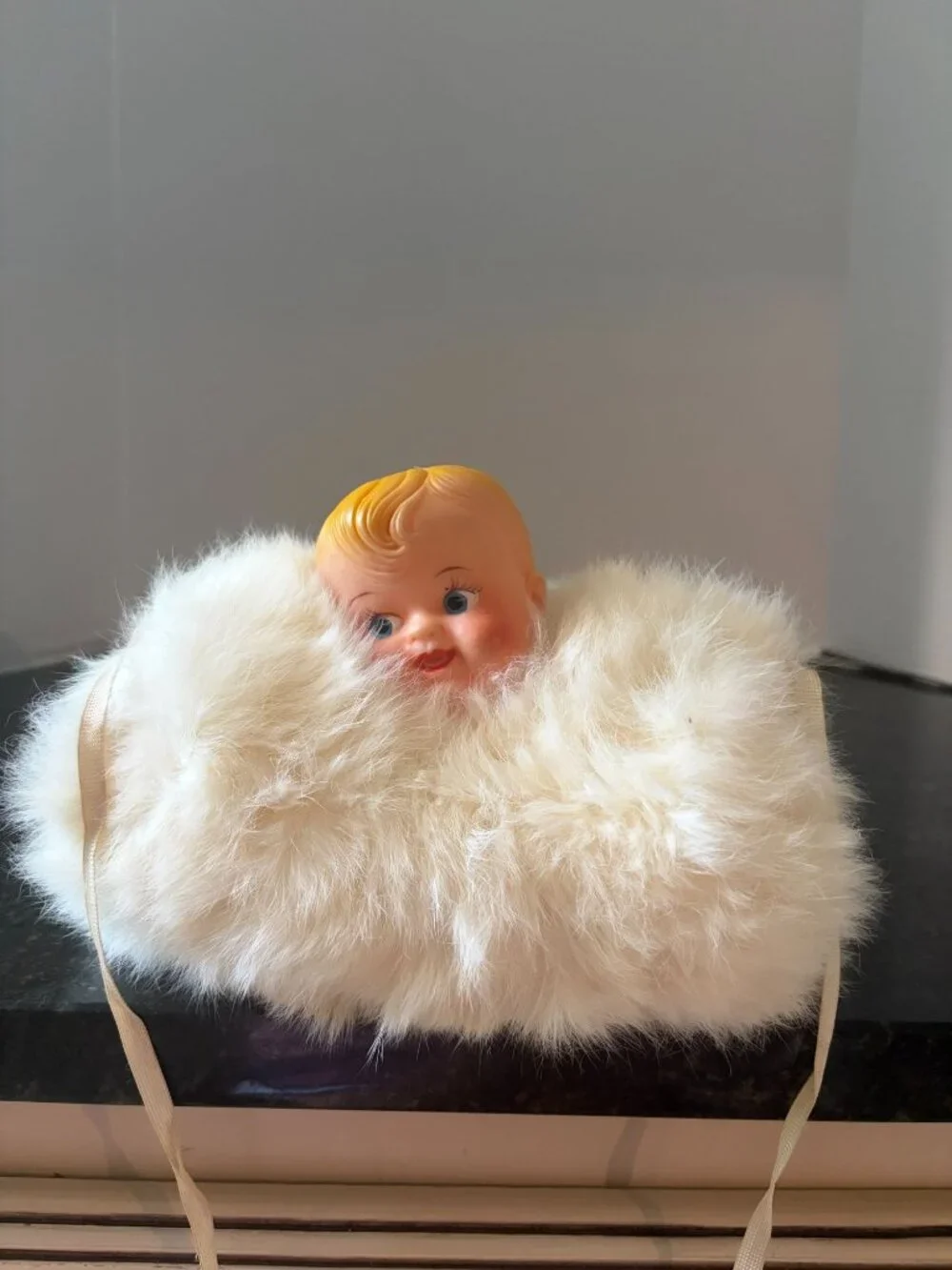 Vintage 1950's Kitschy Molded Rubber Doll Head, Fur Muff