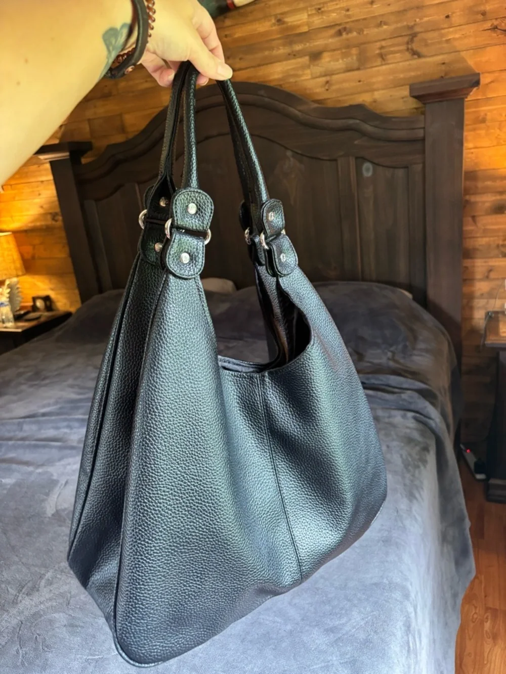 Lancôme Black Hobo Shoulder Bag Purse, Pebbled Leather, Silver Hardware