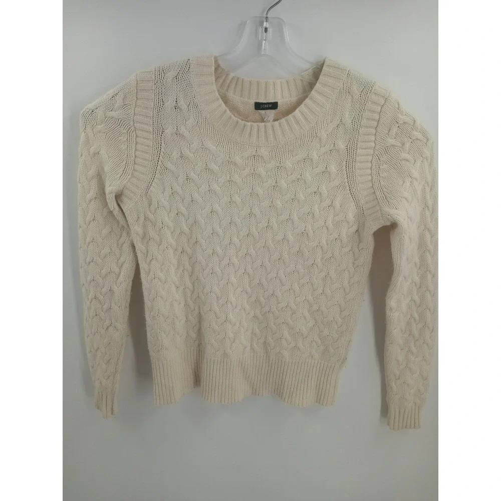 J.Crew‎ Womens Cable Knit Sweater Cream Ivory Wool Angora Blend Crew Neck Small