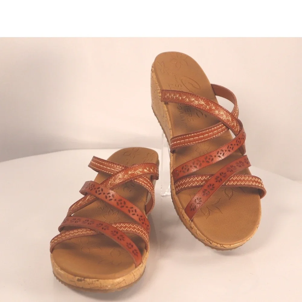 Skechers Cali Luxe Foam Wedge Sandals leather tangerine Size 7.5