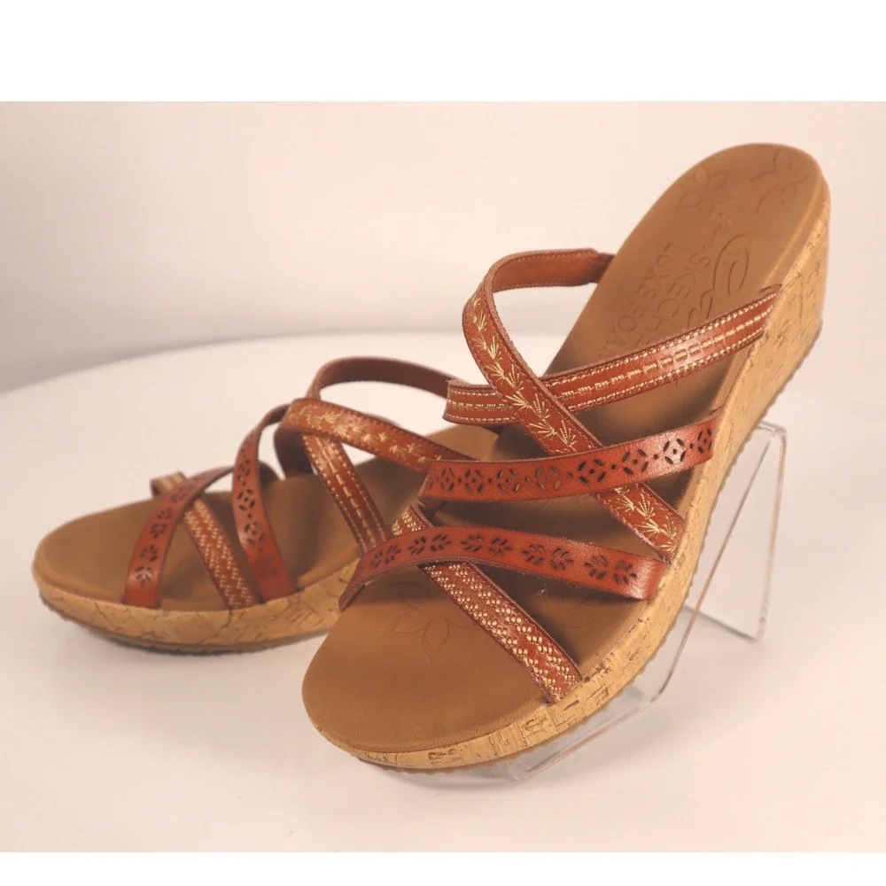 Skechers Cali Luxe Foam Wedge Sandals leather tangerine Size 7.5